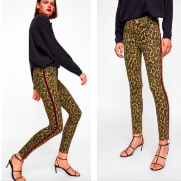 ZARA Woman The Skinny Jeans Leopard Print Velvet Tuxedo Stripe Premium Denim - Picture 1 of 13